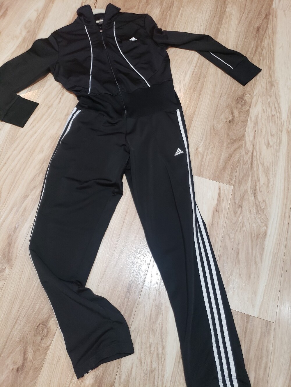 Adidas Women Large Black With White Stripes And Logo One Piece Jumpsuit Track
